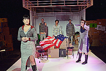Scene from "Blind" by Elena Maria Garcia in Mad Cat Theatre's Mixtape 2, featuring from left, Jessica Farr, Noah Levine, Joe Kimble and Erin Joy Schmidt / Photo by Paul Tei