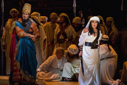 Dario Solari as Nabucco and Maria Guleghina discuss slaughtering the captured Hebrews in Verdi's Nabucco at FGO / Photo by Justin Namon