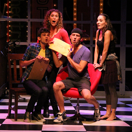 Ryan Townsend, Jodie Langel, Chris McCabe and Jessica Brooke Sanford whoop it up in Area Stage's [title of show]