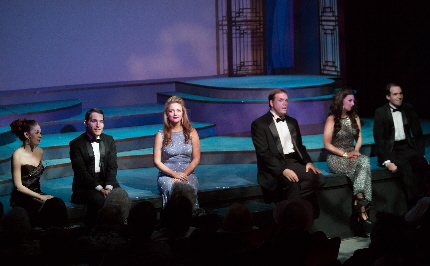 Leah Sessa, Mike Westrich, Sara Ashley, Shane Tanner, Brandy Lee Ward and Clay Cartland in the Moon River number from What's New Pussycat / Photo by George Wentzler