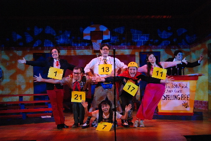 The cast of Slow Burn Theatre Company's The 25th Annual Putnam County Spelling Bee: from left, Jessica Brooke Sanford, Rick Pena, Mark Della Ventura, Jen Chia, Christian Vandepas, Anne Chamberlain and Kaitlyn O'Neill