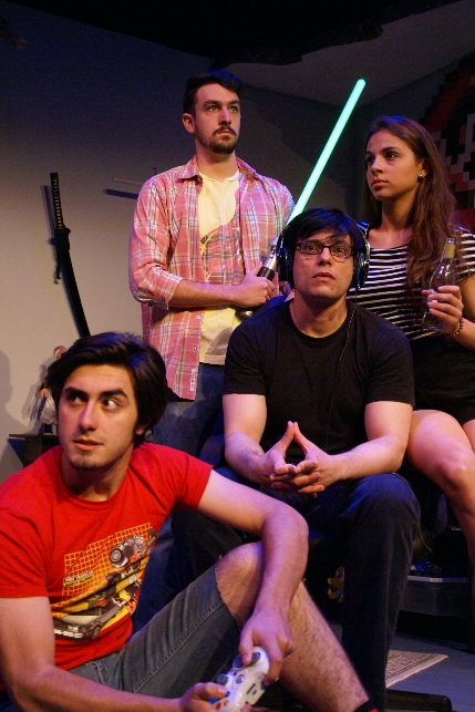 Joel Alexander, Danny Leonard, Daniel Gil and Rebecca Jimenez are Gen Y'ers on the cusp of trouble in Deborah Zoe Laufer's Leveling Up at New Theatre / Photos by Eileen Suarez